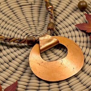 Vintage Copper and Jute Rope Pendant Necklace Brutalist Style Boho Statement